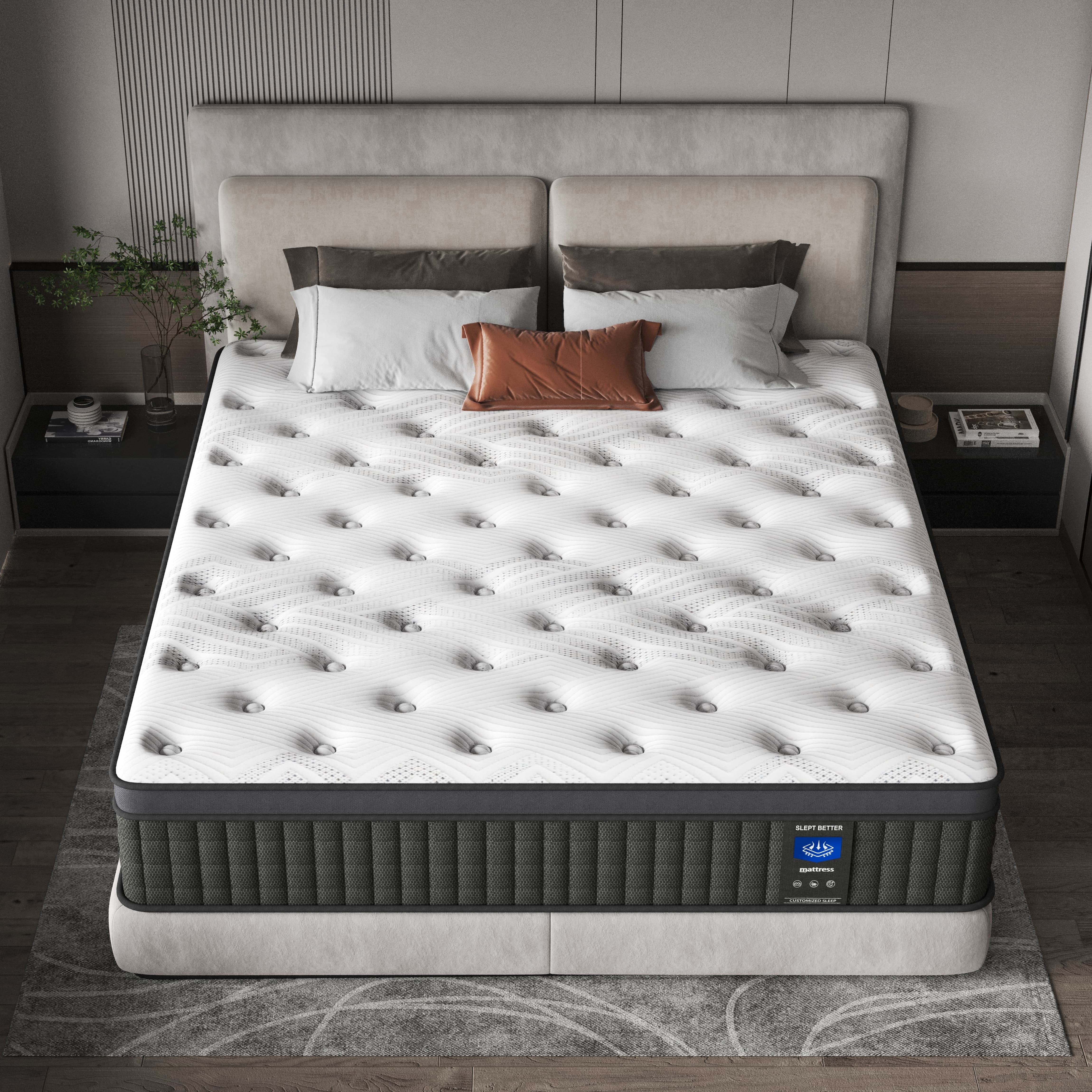 CTQC 12 King Mattress Cooling Gel Memory Foam Hybrid Mattress Medium-Firm Breathable Pressure Relief White Black Rim Mattress CertiPUR-US Certified Mattress with individually Pocket Springs