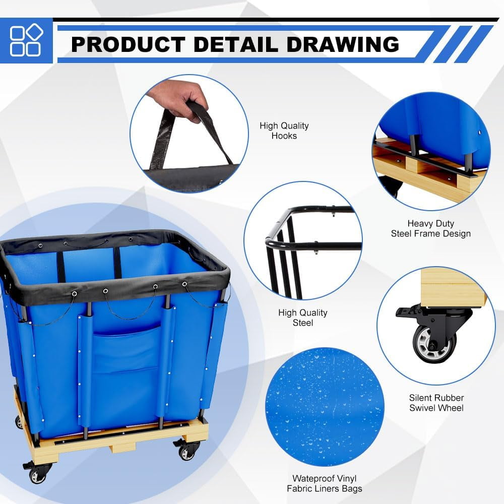 Yeeoy 8 Bushel Blue Vinyl Basket Bulk Truck, Laundry Basket with Wheels, Steel Laundry Cart Storage Trolley Hamper for Hotel Home Hospital, 34"L x 22"W x 30-1/2"H