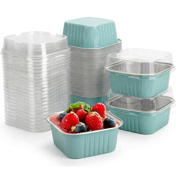 BlinkLLX 50 Pcs Mini Square Baking Cups with Lids,5oz Aluminum Foil Mini Cake Pans with Lids,Disposable Ramekins Cake Pans,150ml Dessert Cups Cupcake Pans for Wedding Birthday Party,Blue