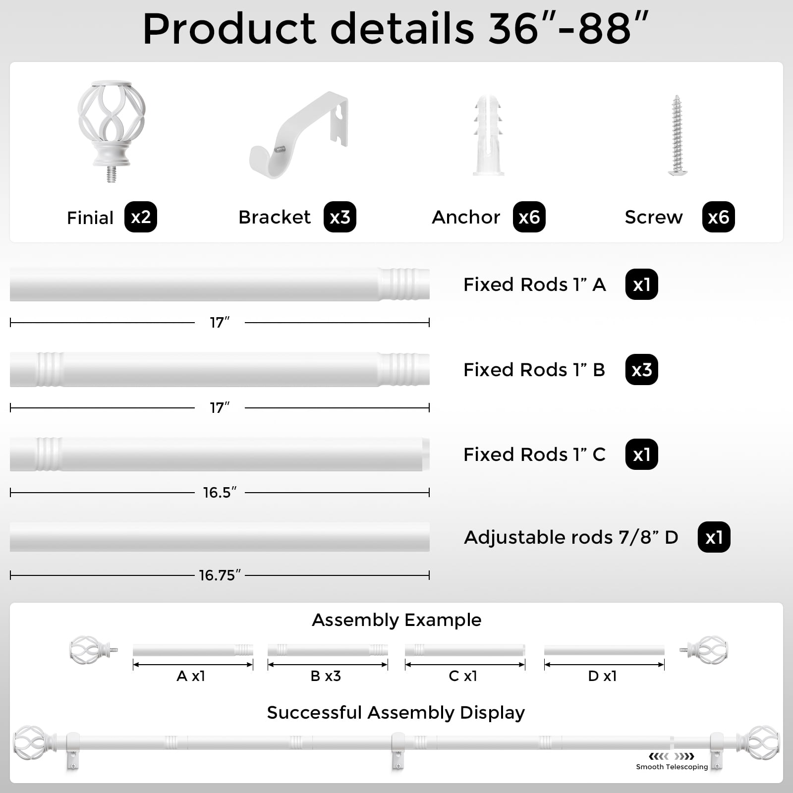 OLV 1" White Twist Cage Adjustable Single Curtain Rod Set for Windows,36-88"