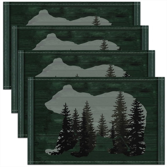 Rustic Bear Kitchen Dinner Party Decor Table Mats Farmhouse Wild Animal Placemats Dining Table, Rustic Cabin Country Table Place Mats Nature Bear Western Farmhouse Green Placemats 18"x12"