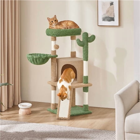 Yaheetech 42" Height Cactus Cat Tree with Scratching Posts, Basket & Ladder, Brown/Green