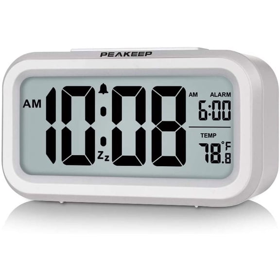 Night Light Digital Alarm Clock Battery Operated with Indoor Temperature, Desk Small Clock (White)