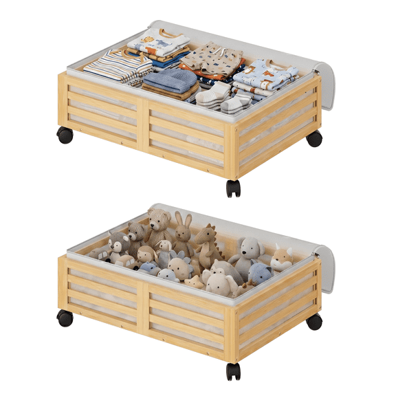 2 Pack 35quart Bamboo Under Bed Storage Containers with Wheels,Natural