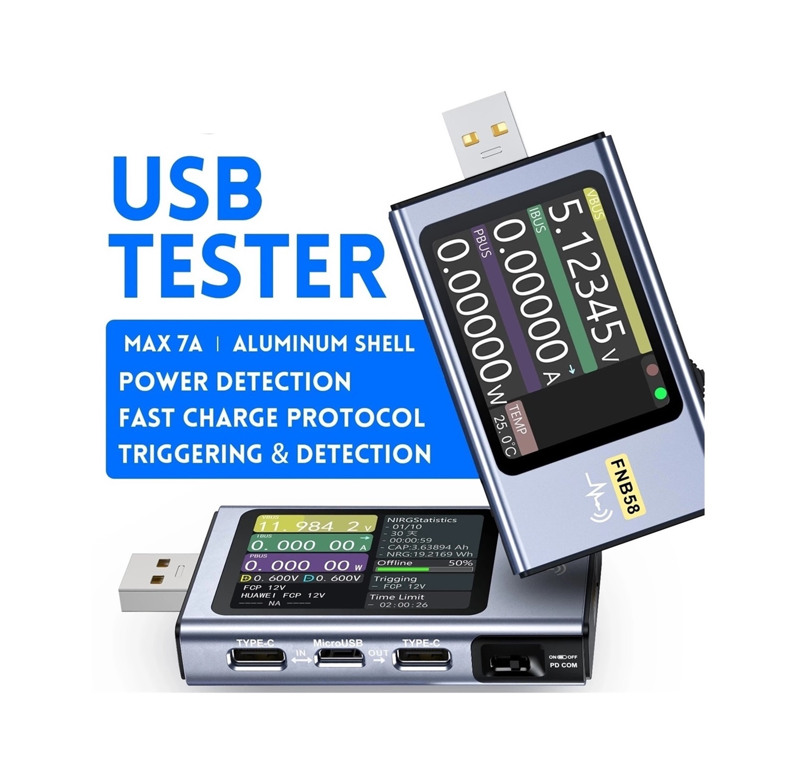 FNB58 USB Tester Voltmeter Ammeter TYPE-C Fast Charge Detection Trigger Capacity Measurement Ripple Measurement ,Live Data