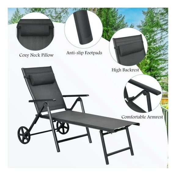 Patio Lounge Chair with Wheels, Adjustable 7-Position Recliner, Aluminum Frame, Neck Pillow, Outdoor Chaise Lounger for Backyard, Poolside, Patio - Gray