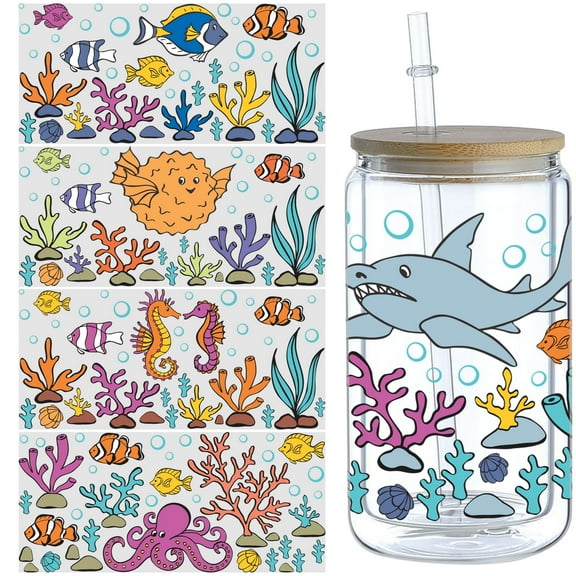5pcs Ocean Cartoon Animals DIY UV DTF Transfer Stickers for Glass Cups, Waterproof Decals, Plastic Self-Adhesive Labels for Bottles and Cups Decoration