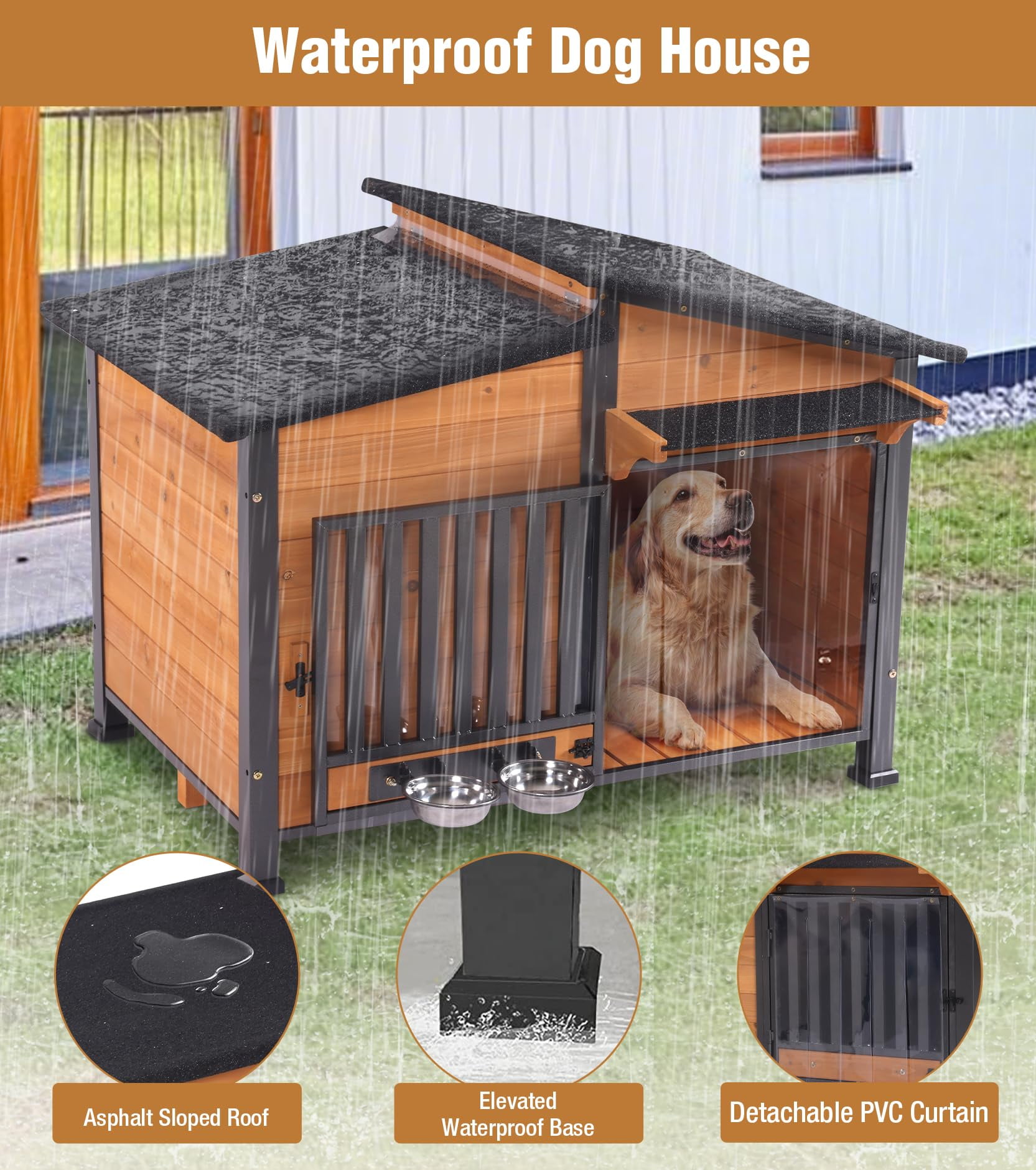 MEDEHOO Heated Dog House Outdoor with Electric Heating Pad, Insulated Wooden Dog Kennel with 360° Rotating Feeding Bowl, Anti-Chewing Metal Frame, Natural Wood Color