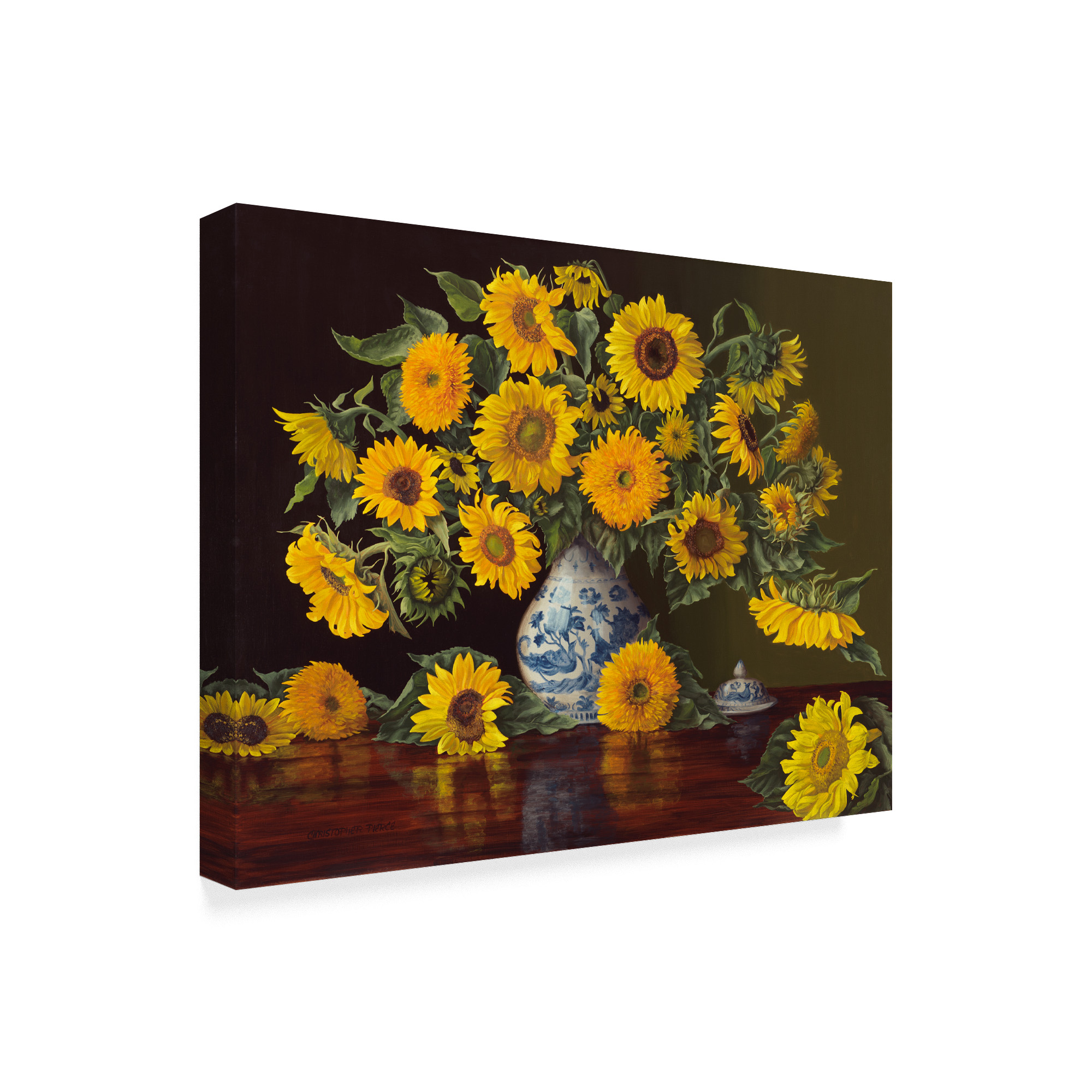 Trademark Fine Art 'Sunflowers In Blue And White Vase' Canvas Art by Christopher Pierce