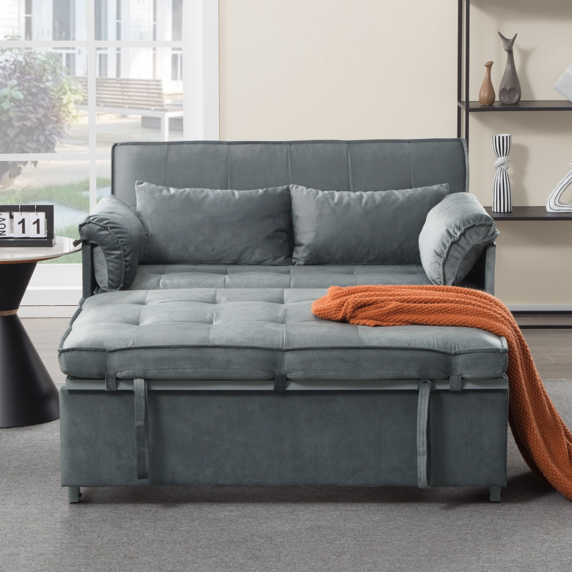 AENKYO 46" Velvet Pull-out Sleeper Sofa Bed, Convertible Reclining Loveseat with 2 Pillows for Small Spaces, Gray
