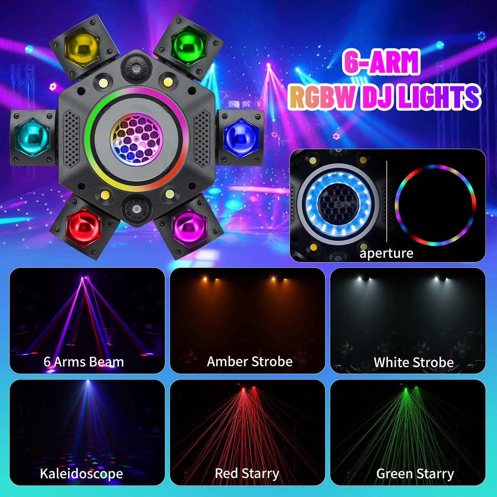 Moving Head DJ Lights,  6 Arm RGBW LED 150W Disco Stage Light with Mixed Lighting Effects, Sound Activated, DMX 512 Remote Control DJ Lights for Disco Club Wedding Party (Mixed Light)