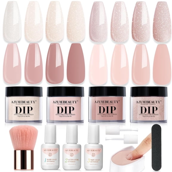 Azurebeauty Dip Powder Nail Kit Starter, All Season Nude Skin Glitter 4 Colors Dipping Powder Liquid Set Recycling Tray with Base & Top Coat Activator for French Nail Art Manicure Salon DIY at Home.