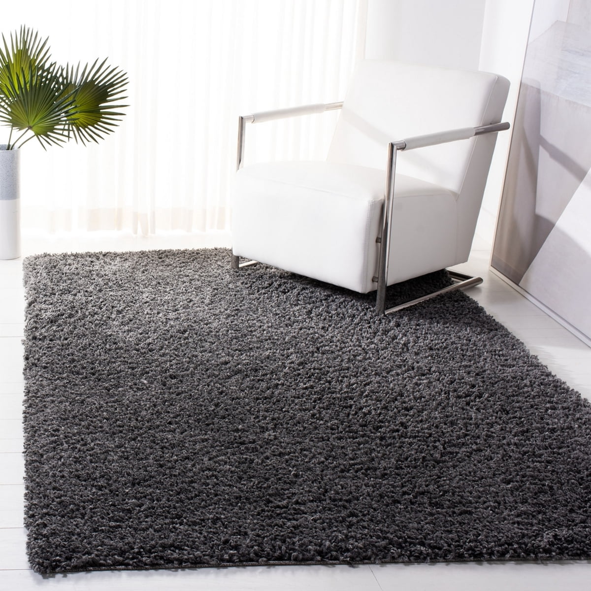 SAFAVIEH August Sophia Solid Shag Area Rug, Charcoal, 6'7" x 6'7" Square