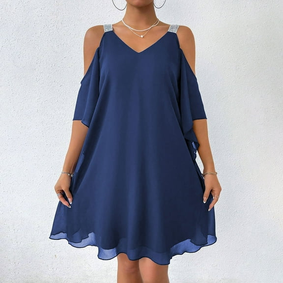 Womens Summer Dress Summer Dresses for Women Ladies' Off Shoulder Chiffon Solid Color V-neck Elegant Dress Blue L