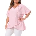 thumbnail image 4 of Agnes Orinda Women's Plus Size Easter Tops Button Decor Irregular Hem V Neck Short Sleeve T-shirt Summer Casual Blouses 3X Pink, 4 of 6