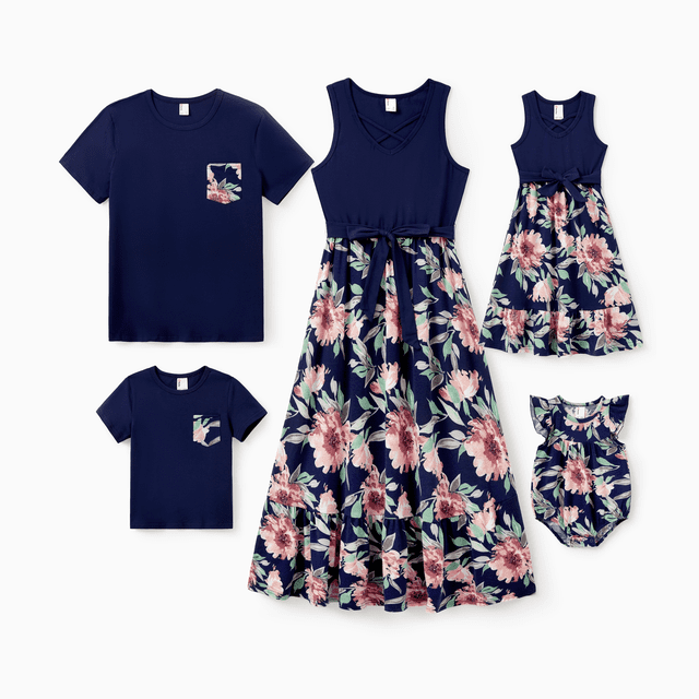 PatPat Family Matching Blue Cotton Tee and Flora Splicing Tank Top Dress Sets