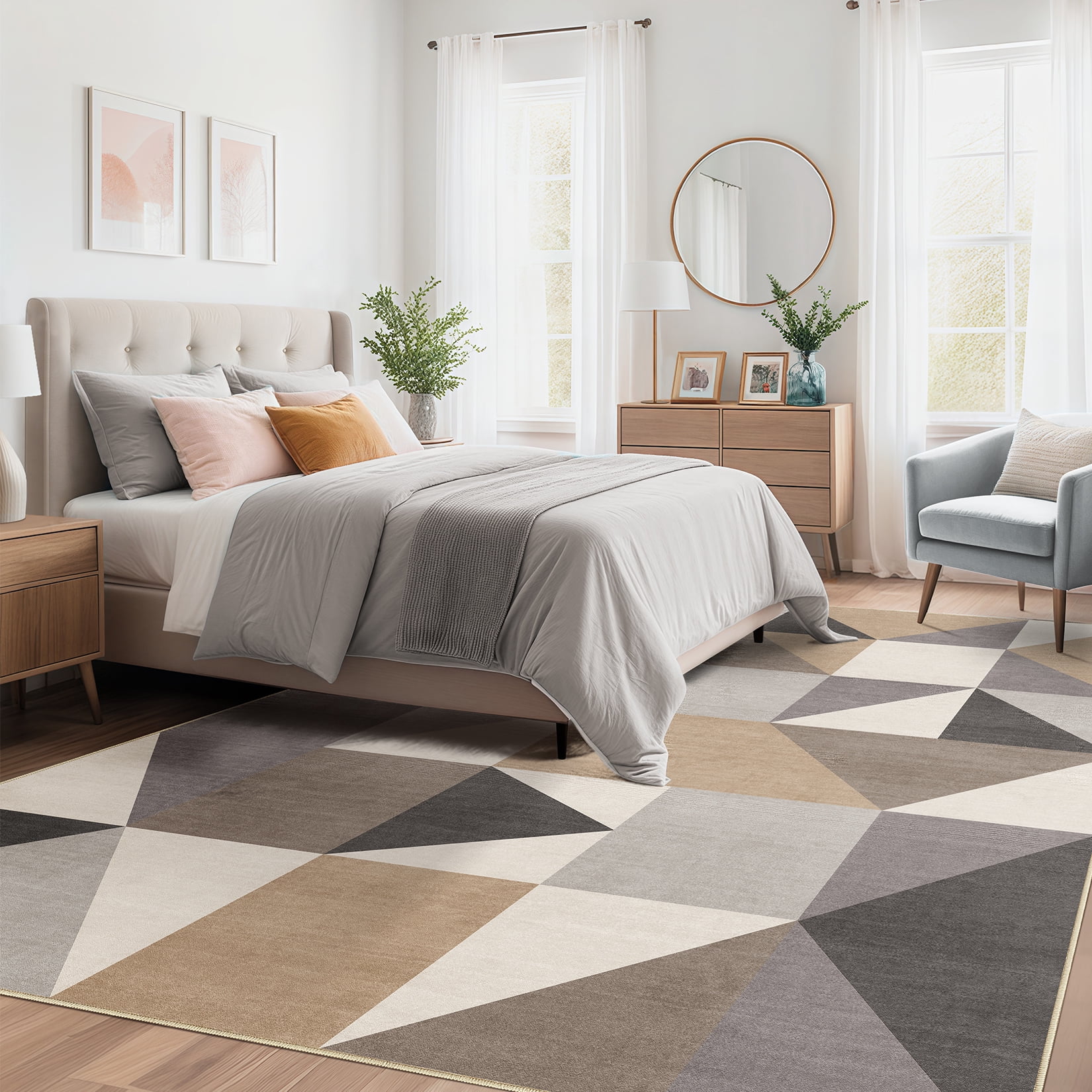 MICGEEK 8x10 Washable Area Rugs for Living Room, Modern Geometric Printed Rug, Vacuum-Friendly, Non Slip Indoor Rug for Bedroom Dining Room Home Decor Carpet, Brown&Gray