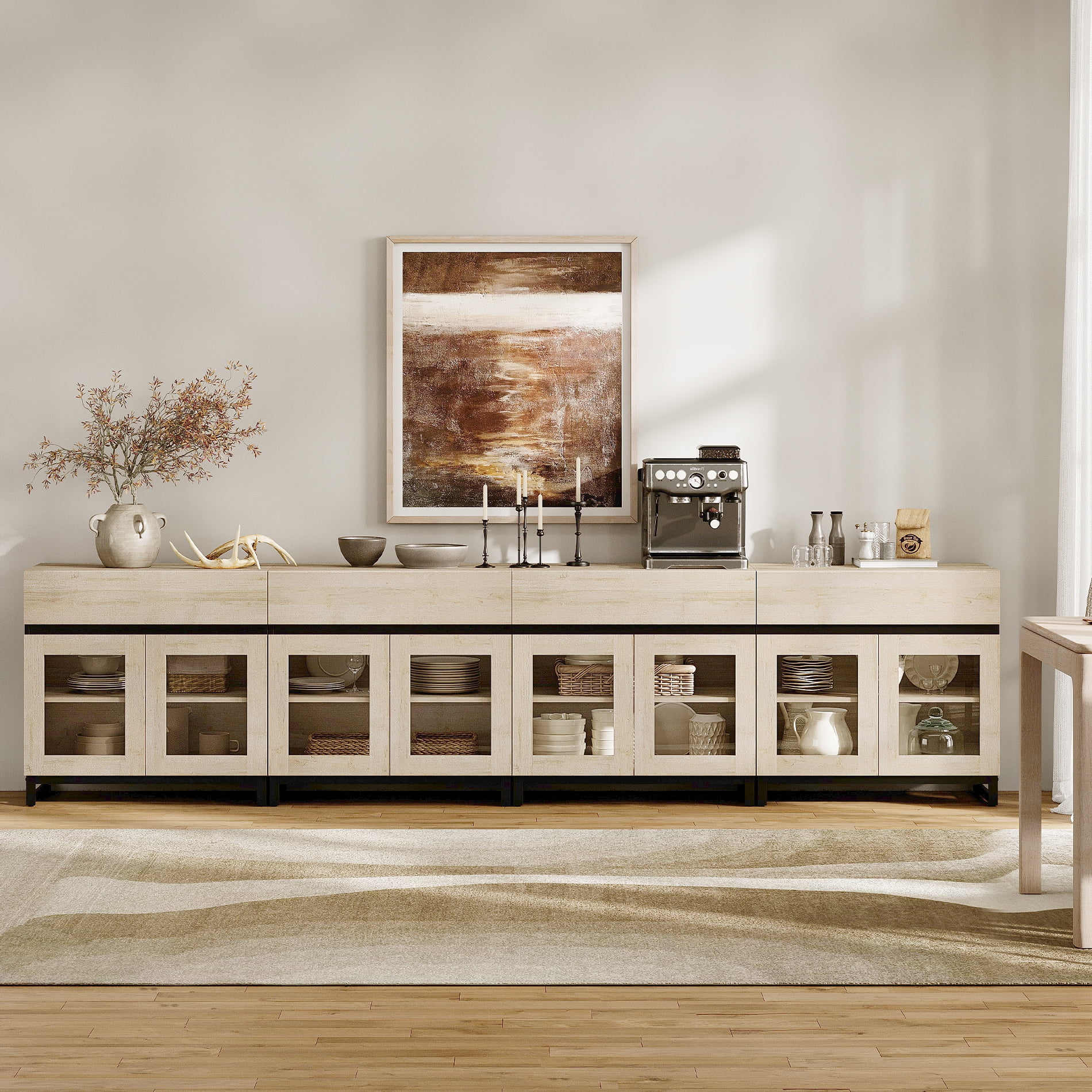 WAMPAT 4-in-1 Multifunctional Modern Sideboard Buffet Cabinet with 8 Glass Doors & 4 Drawers, Metal Base Credenza & Coffee Bar Storage Cabinet for Living Room & Kitchen