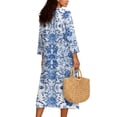 thumbnail image 2 of COEQINE Women's Bohemian Midi Dress 3/4 Sleeve Wrap V-Neck Casual Sundress, Loose Fit Linen-Like Calf Length Tunic Dress for Women, Machine Washable, Size S, Blue White Porcelain Floral, 2 of 6