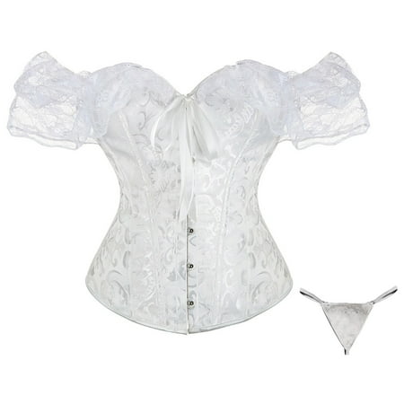 TrdSipl Corset Lingerie for Women Cute Satin Lace Up Corset Shapewear Floral Pleated Trim Waist Cincher Plus Size Boned Halloween Costume White M