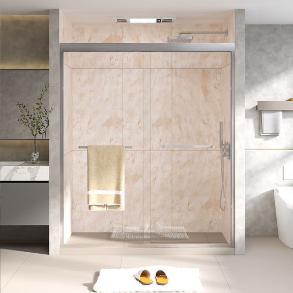 56-60"W x 70"H Semi-Frameless Double Sliding Door, 1/4"(6mm) Glass, Brushed Nickel