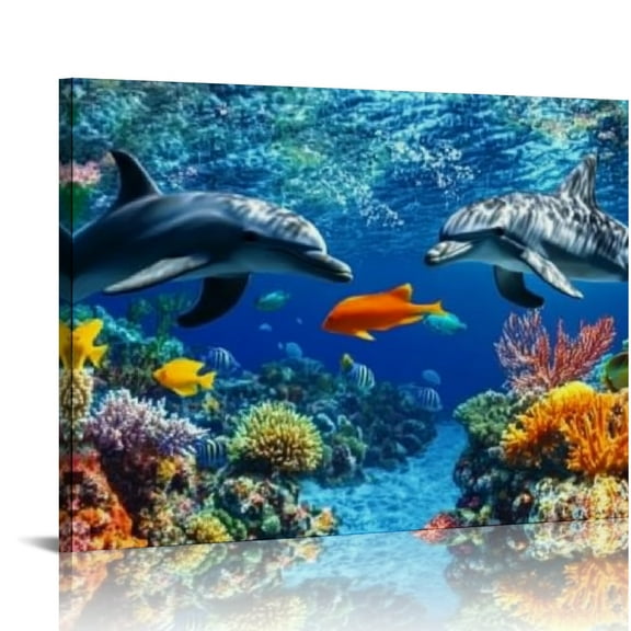 SHERONV Dolphins Coral Reef Fish Canvas Print Wall Art Decor 20x16in