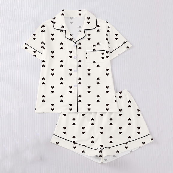 Blmnix Sleepwear Sets Pajama Sets Button Up Heart Pajamas Tops Short Sleeve Black Short Collared Womens Sleepwear,M
