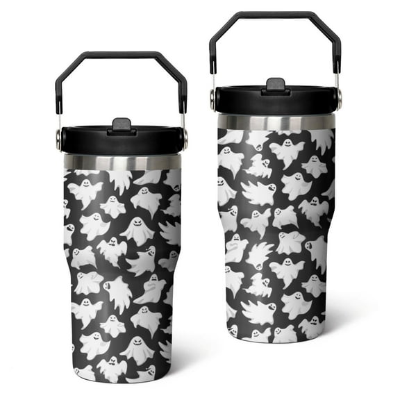 Spooky Halloween Tumbler 30oz - Vintage Gothic Ghost Pumpkin Skull Print - Insulated Stainless Steel Travel Cup, Leak Proof with Handle & Flip Straw