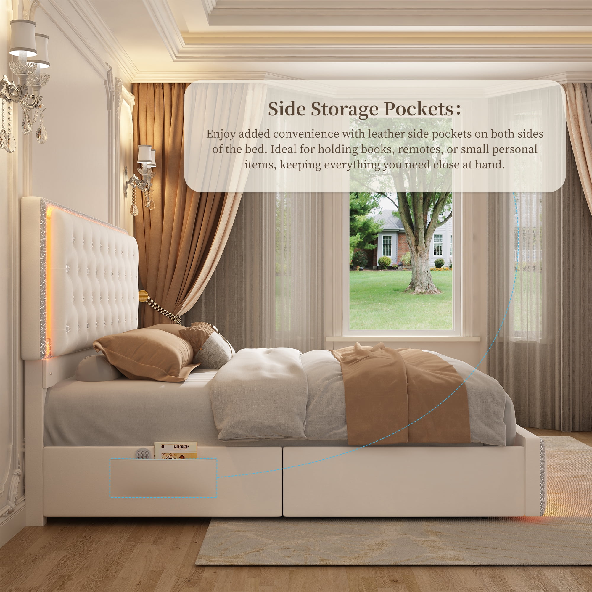 SIBEDS Full Upholstered LED Bed Frame with 2 Storage Drawers, Velvet Cream Diamond Tufted Headboard, RGB Lights, Noise Free, No Box Spring Needed