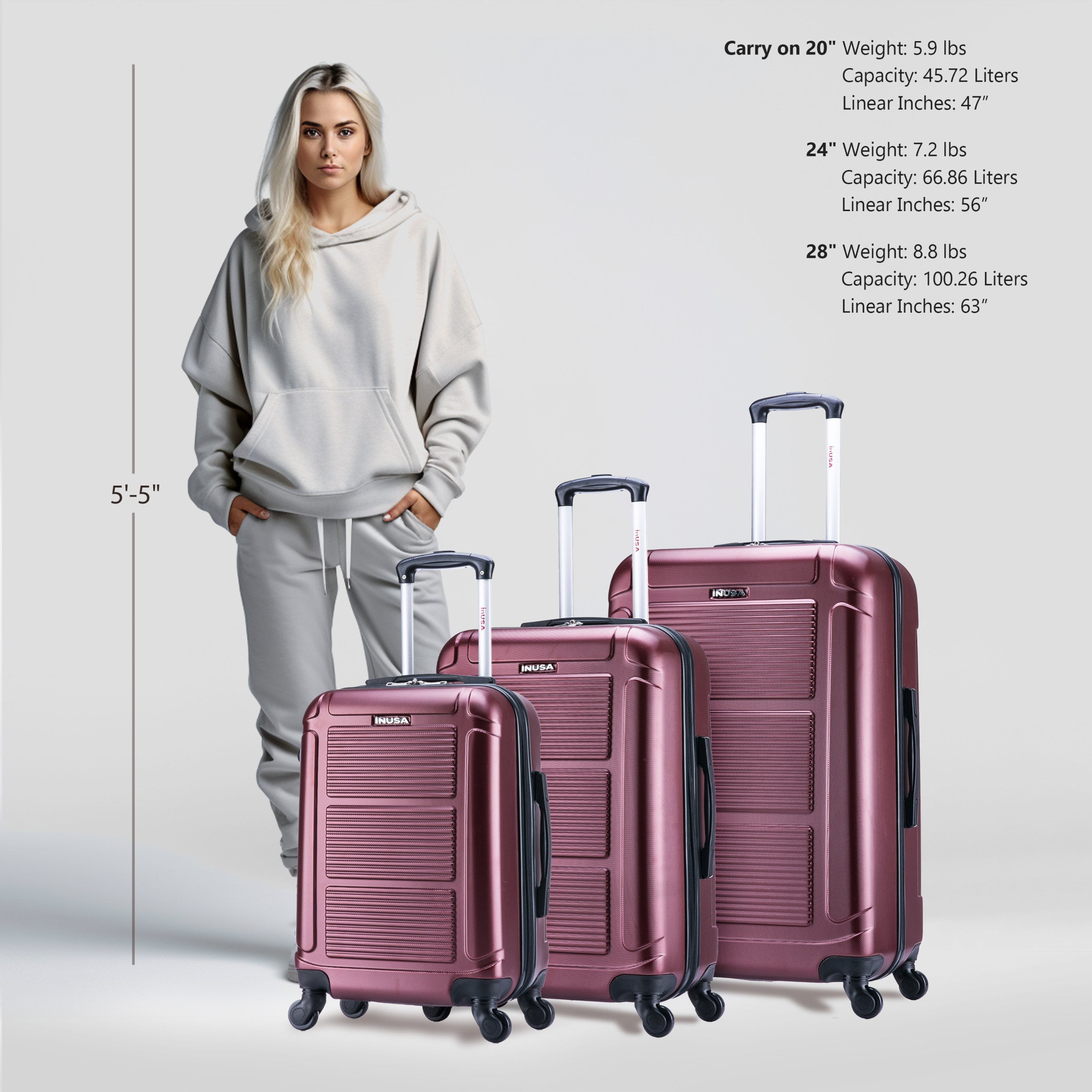 InUSA Pilot 3-Piece Hardside Luggage Sets with Spinner Wheels, Handle, Trolley, (20"/24"/28"), Wine