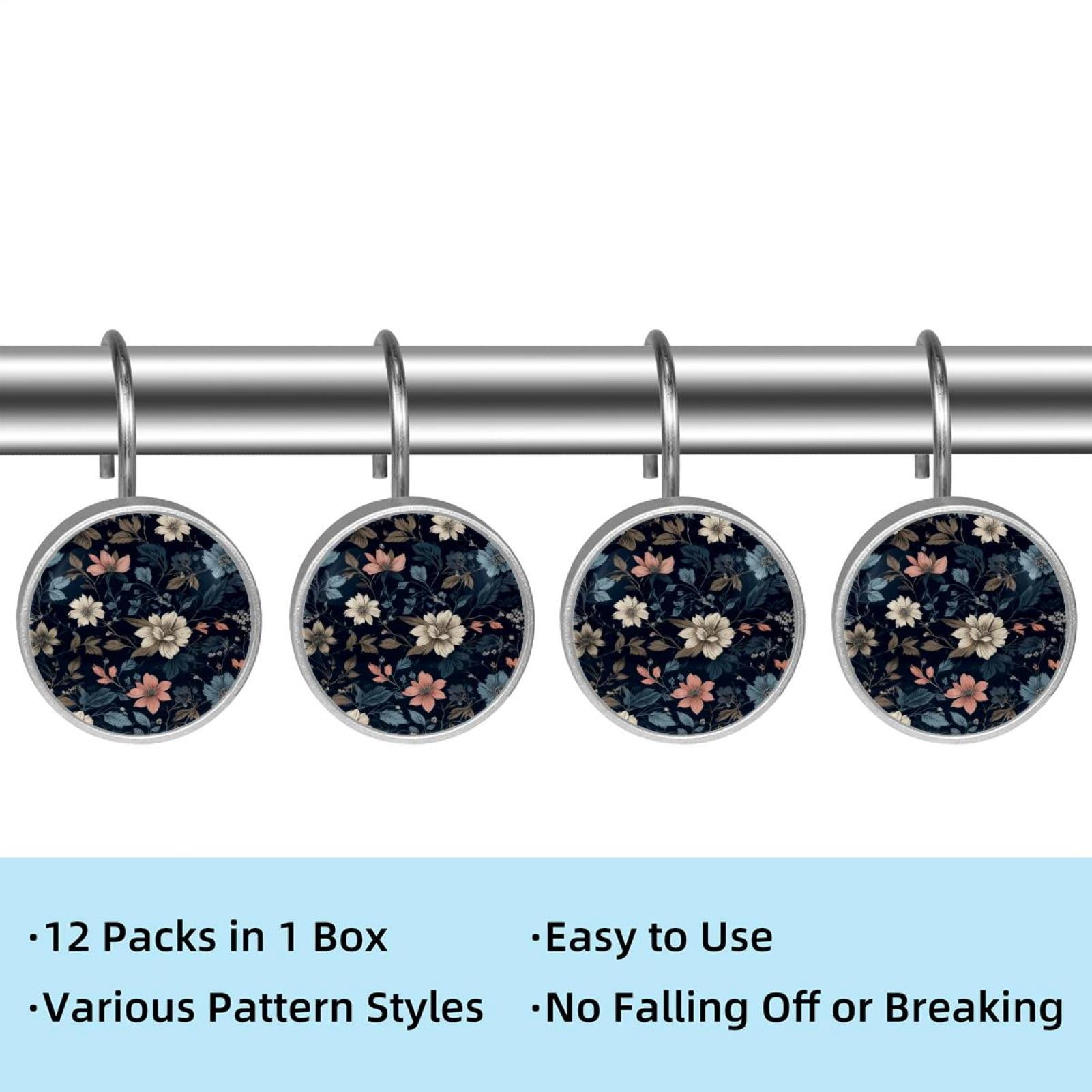 HemaKayy 12 Pcs Shower Curtain Hooks Bathroom Decorative Accessories Warm White Powder Blue Flower