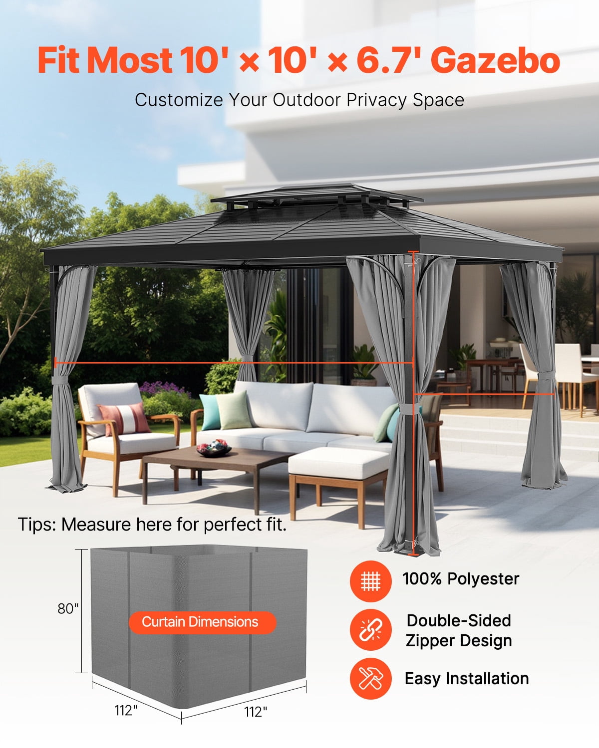 VEVOR Gazebo Curtains Outdoor, Fit Most 10' x 10' x 6.7' Gazebos, 4-Panel Sidewall Gazebo Privacy Curtains with Zippers, 6.7' Tall Outdoor Curtain Replacement for Patio Canopy, Only Curtain, Gray