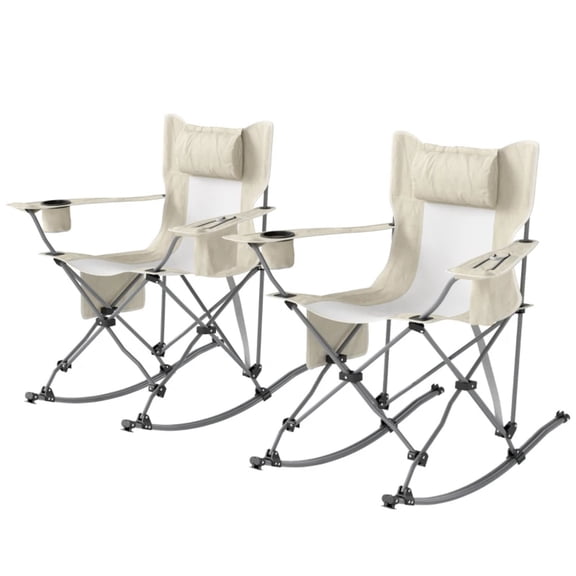 Demi Bonn Folding Rocking Camping Chairs, Portable Chairs with Headrest, Cooler Bag, Cup Holder, Carry Bag, 2 Pack, Cream