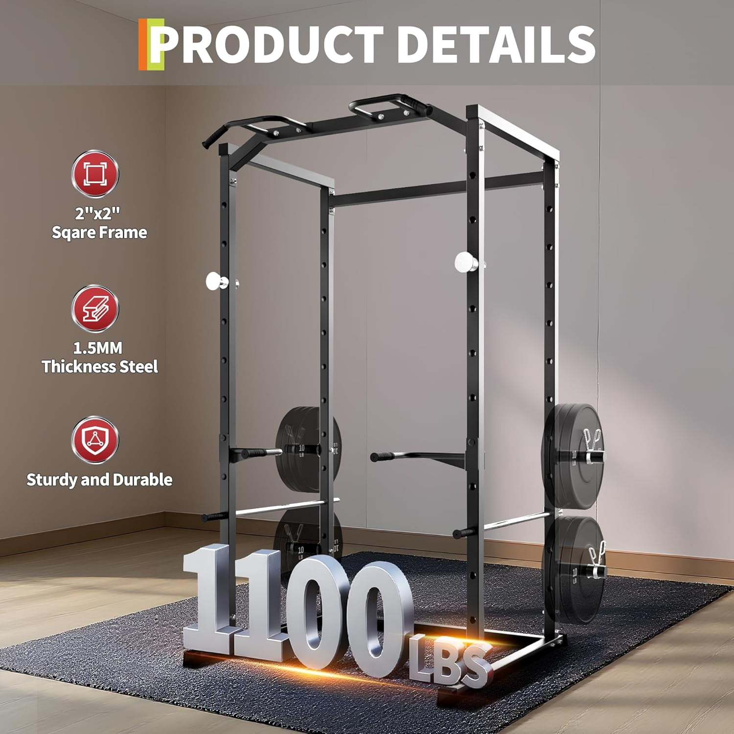 Heavy Duty Power Cage Squat Rack for Home,1100 LB Capacity Power Rack with Pull-Up Bar, Dip Bars, j-Hooks Adjustable Safety Bars Spotters Squat,Black