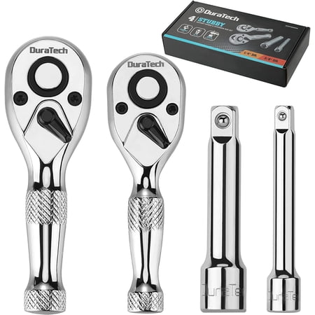 DURATECH Stubby Ratchet Set, 1/4-Inch and 3/8-Inch Ratchets with 2 Extension Bars, 4-piece, 72-T Reversible Quick-Release Head, Chrome Plated Finish and Full Polish