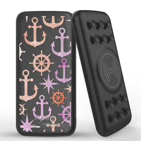 

INFUZE Qi Wireless Portable Charger for Moto G100 External Battery (12000 mAh 18W PD USB-C/USB-A 3.0 Ports Suction Cups) with Touchless Tool - Nautical Pattern