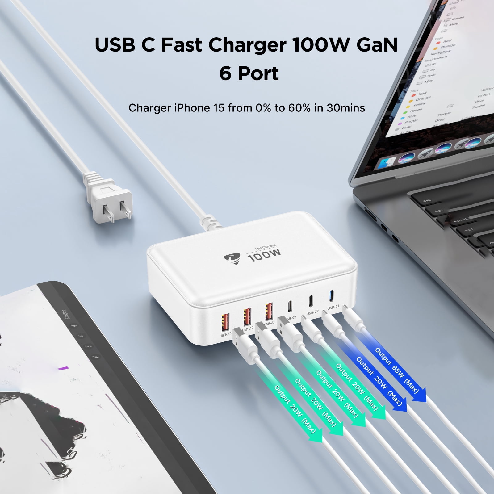 Aioneus Multi USB C Charger Block GaN 100W 6 Ports Fast Charging Station Power Adapter Compatible with Laptop Macbook iPhone iPad, White