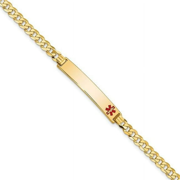 Primal Gold 14 Karat Yellow Gold Medical Red Enamel Flat Curb Link ID Bracelet