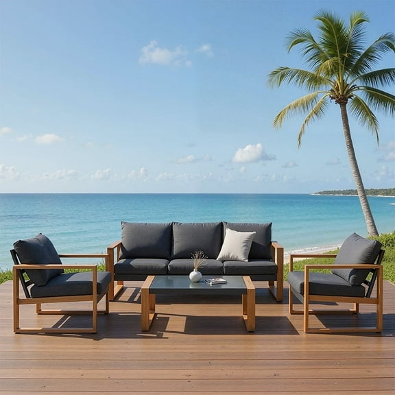 EVERITE Outdoor 4 Pieces Steel Conversation Set ,Faux Wood Grain Finish Frame Sofa with Extra Thick Cushions for Backyard Patio Lawn Pool