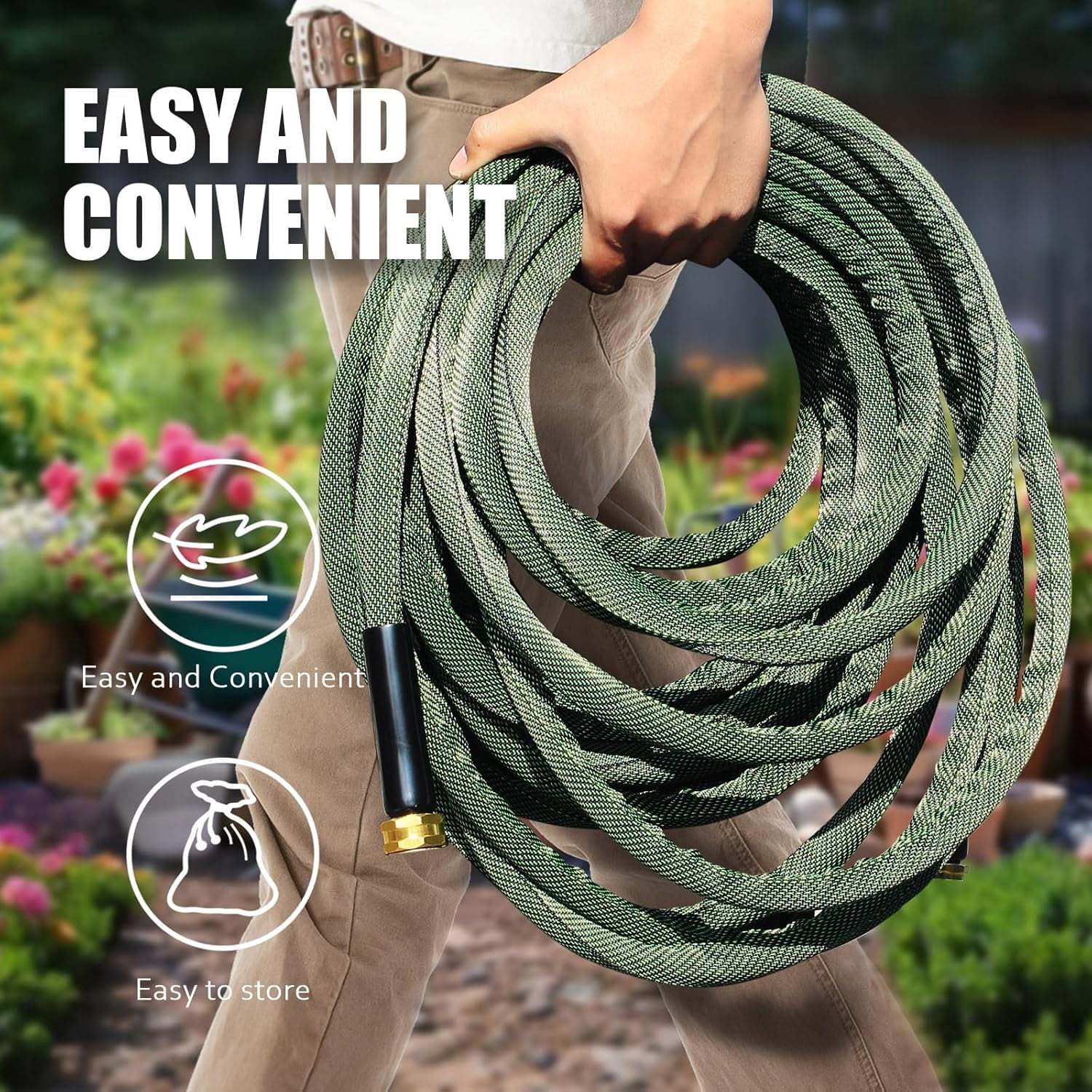 Non-Expandable Garden Hose 50ft, 10 Function Nozzle, Lightweight   Rust Proof for Yard - 2025 Model