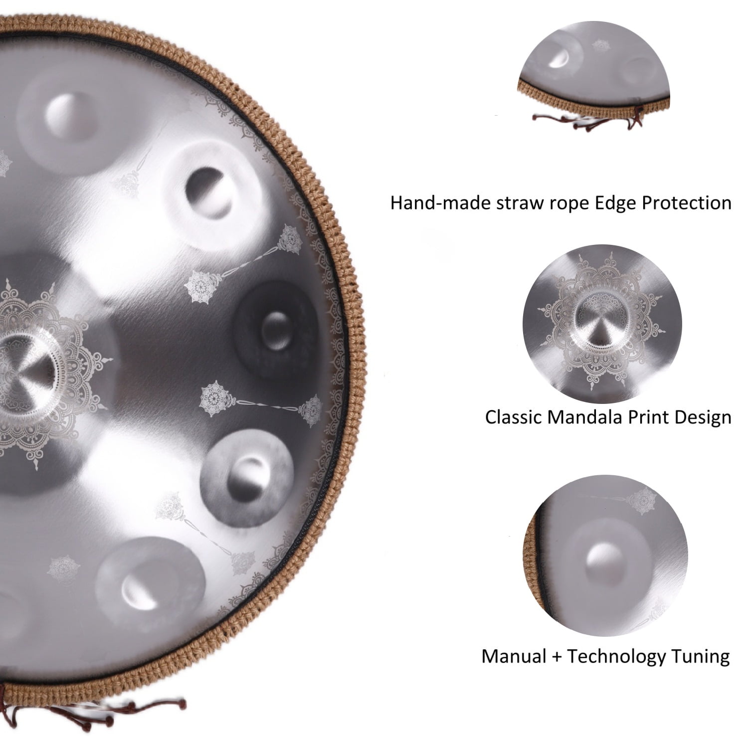 440HZ Tambourine Steel Drum in D Minor 22Inch Silver 10 Notes Mandala Handpan Percussion Drum with Soft HandPan Bag