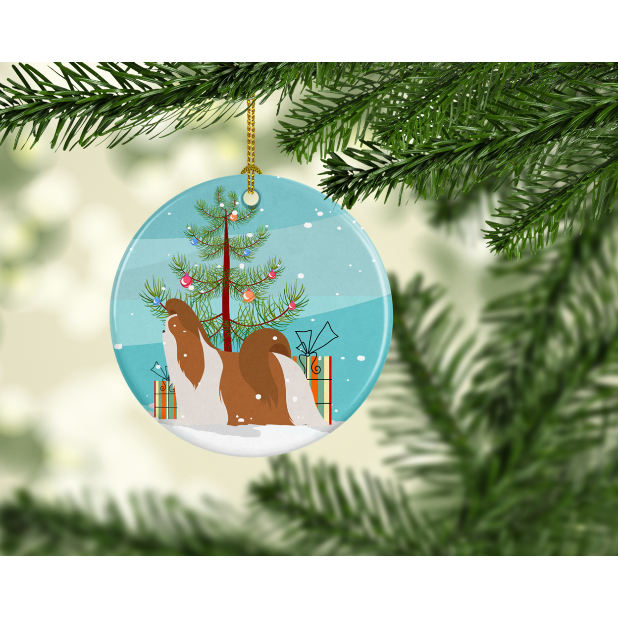 Shih Tzu Merry Christmas Tree Ceramic Ornament