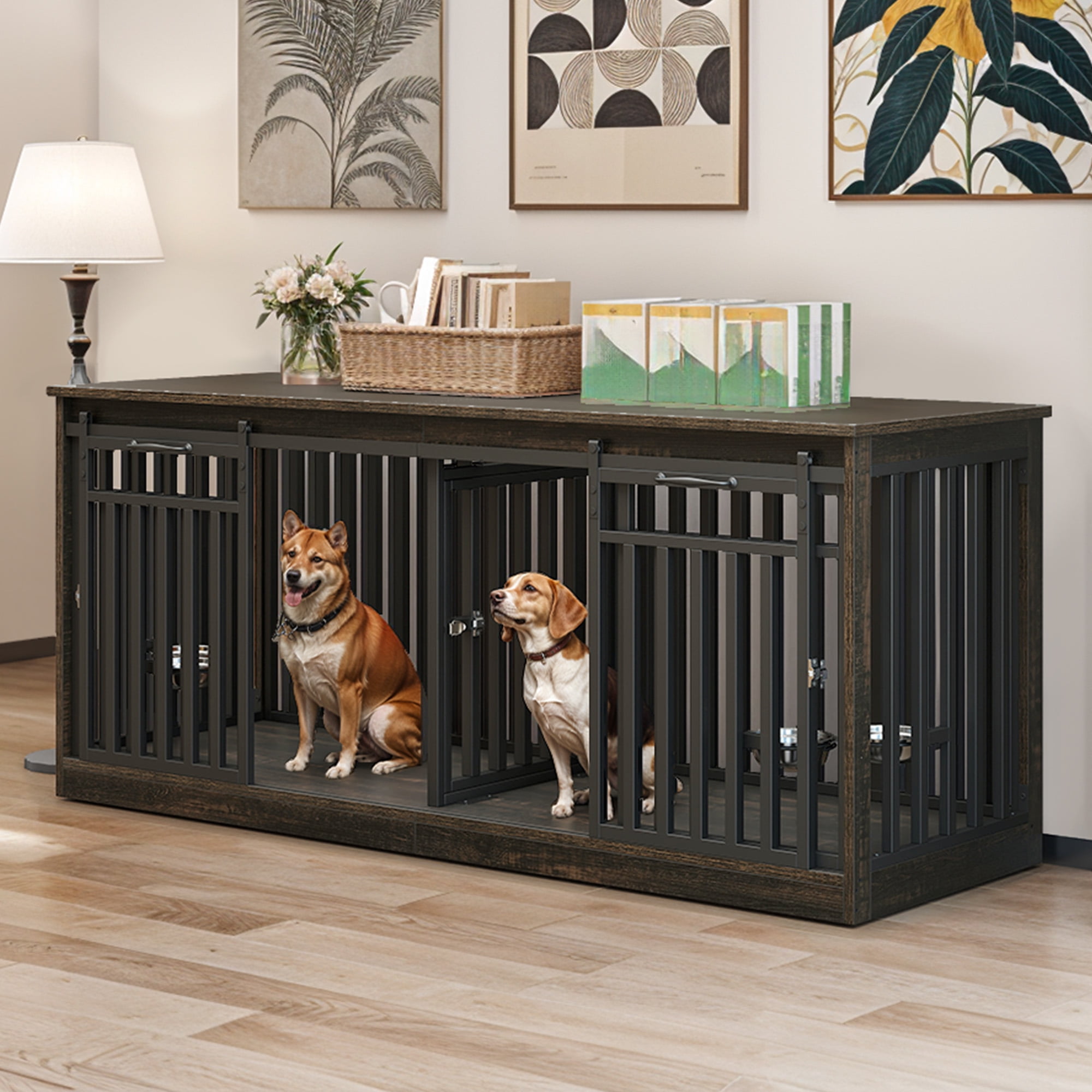 Craftian 71In Farmhouse Dog Crate TV Stand, Wooden Dog Kennel Furniture with 4 Dog Bowls, Large Dog Crate Furniture for 2 Dogs - Black Oak