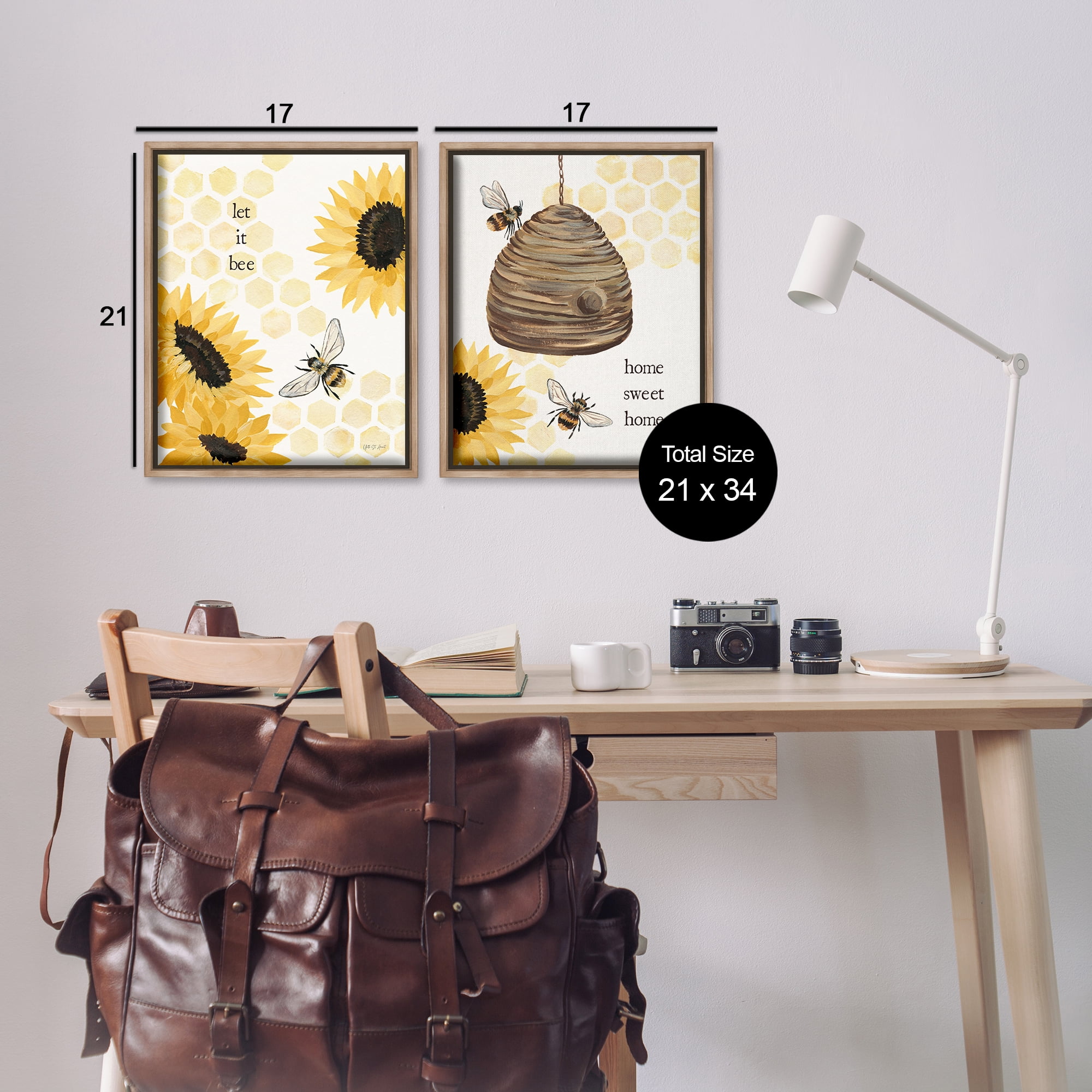 Stupell Industries Sunflower Let it Bee Skep Animals Painting Brown Floater Framed Canvas Art Print Wall Art, 17 x 21, Set of 2