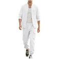 thumbnail image 3 of VBTAPA Men’s Cotton Linen 2 Piece Set Summer Casual Outfits Long Sleeve Henley Shirt and Drawstring Cargo Pant Sets Beach Lounge Sets White S, 3 of 9