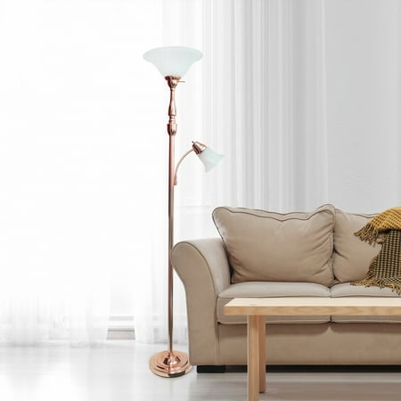 Lalia Home - Torchiere 800lm Floor Lamp with Reading Light and Marble Glass Shades - ROSE GOLD/WHITE SHADES