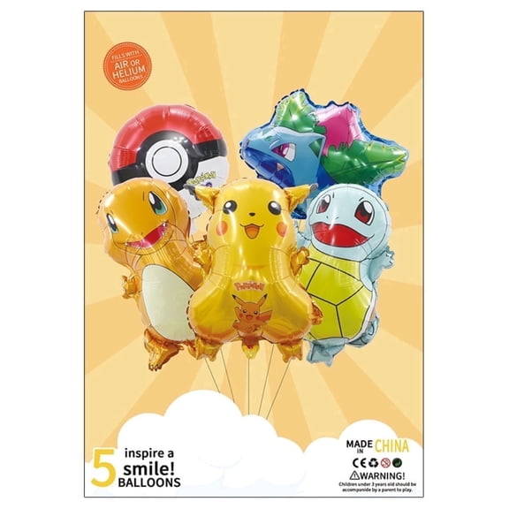 5PCS Pocket Monsters Anime Balloon Set for Birthday Parties - Cartoon Foil Balloons Kit with String, Perfect for Kids Adults Decoration Theme Celebration
