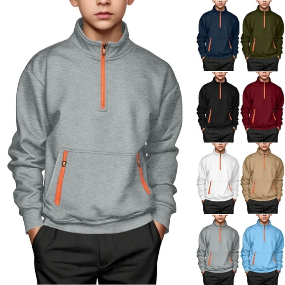 BRGZLK Boys Sweatshirts Trendy Color Block Stand Collar Long Sleeve Fleece Hoodless Hoodie Quarter Zip Pullover with Pockets Fall Kids Clothes 2026 Gray 5-6 Years