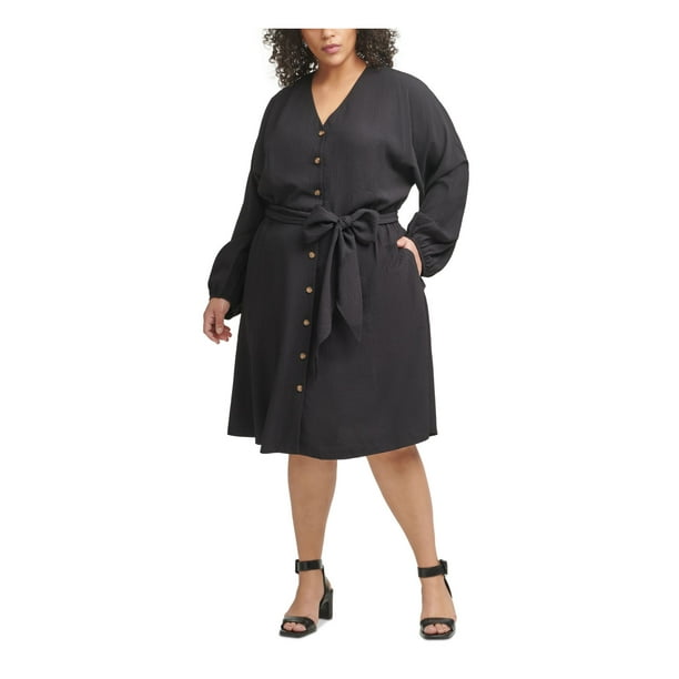 CALVIN KLEIN Womens Black Belted Unlined Long Sleeve V Neck Knee Length  Wear To Work Shirt Dress Plus 18W 