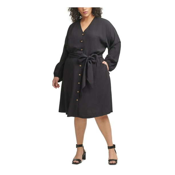 CALVIN KLEIN Womens Black Belted Unlined Long Sleeve V Neck Knee Length Wear To Work Shirt Dress Plus 18W CALVIN KLEIN Womens Black Belted Unlined Long Sleeve V Neck Knee Length Wear To Work Shirt Dress Plus 18W